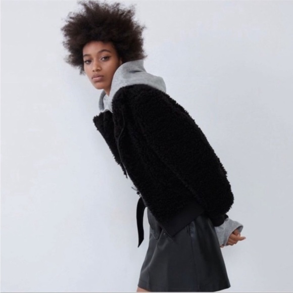 ZARA TRF Sherpa/Teddy Bomber Jacket Black Size L - Picture 5 of 16